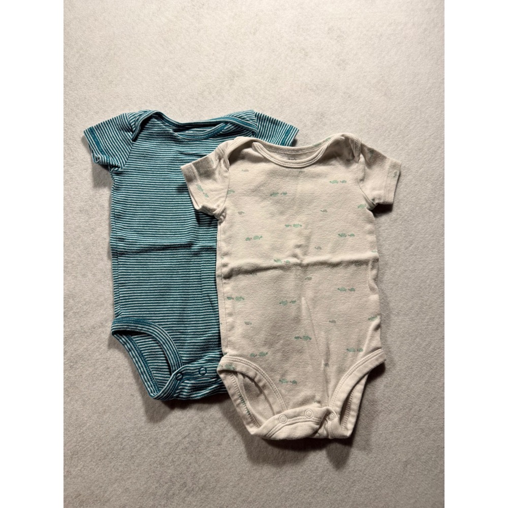 Carters Baby Boys 6 Months Short Sleeve Bodysuit Set Teal Stripe Turtle 2 Pack